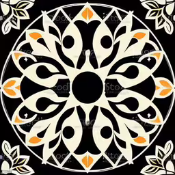 decorative ornamental tile pattern in orange and white,a colorful, stylized floral design on black,a black and white drawing of a circular flower design,an intricate design with floral motifs,a round flower with leaves on a black background