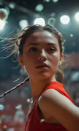 a young woman in a red tank top holds her hair back