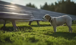 a dog standing in the grass next to benches