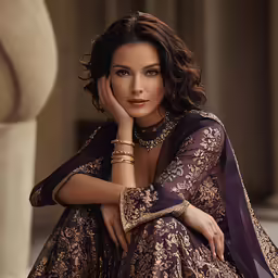 a woman is posing for the camera wearing a purple dress