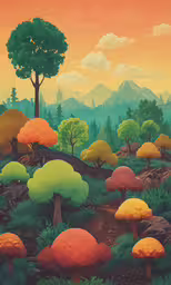 an image of a painting of a forest with trees and hills,an illustration of mushrooms growing in the ground