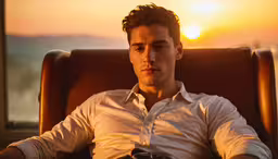 a man sits in a brown chair looking at the camera,young man sitting on a brown chair at sunset