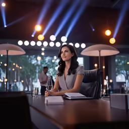 a woman sitting at a desk with a wine glass