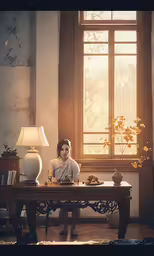 the young woman is sitting at a desk reading