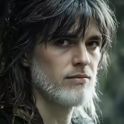 a man with long hair and beard is looking away from the camera