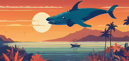 an art deco print of a blue whale in front of an island with palm trees,a whale flying over a boat in the water