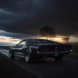 an automobile driving down the road at night time