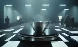 a cup sitting on top of a table with papers