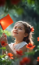 a little girl holding an orange flag over her head