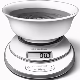 a bowl of water sits on top of a scale