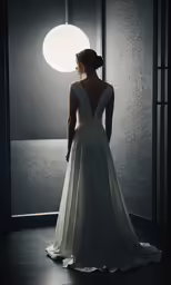 a woman in a white dress looking out the window