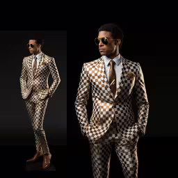 a man with shades in a gold checkered suit and black shirt,a man in a golden checkered suit with sunglasses on
