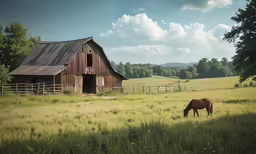 a horse in a green field grazing next to a barn