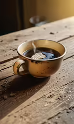 a bowl on a table with some liquid in it