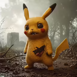 a stuffed animal toy sitting in the dirt next to trees