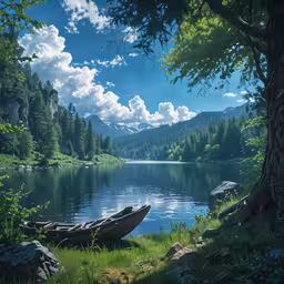 a row boat sitting in the water of a lake surrounded by mountains