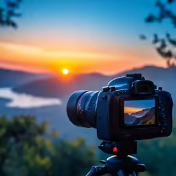 a camera that is set up to take pictures of a sunset