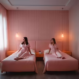 two women sitting on twin beds in pink bedroom