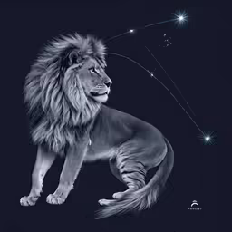 a lion with a long mane and tail sits in the dark