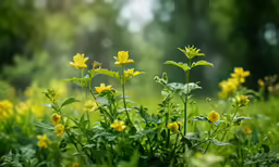 a close up of a bunch of yellow flowers in a field