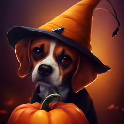 a dog wearing a witch costume in front of a pumpkin