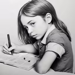 a little girl sitting at a desk writing