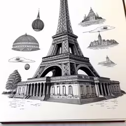 a drawing of the eiffel tower by itself,an illustrated drawing of the eiffel tower