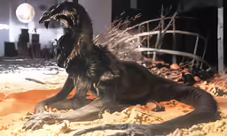 a display of an angry creature in dirt and debris