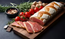 sliced meat and vegetables sit on a cutting board