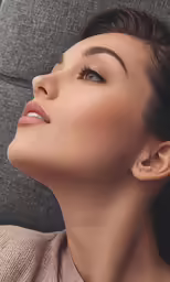a woman with light eyes looking away from the camera