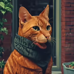 there is a large orange cat wearing a scarf