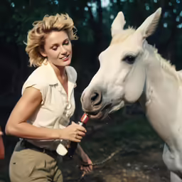 a woman holding a horse with a bottle in it