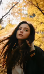 a woman wearing a jacket and standing in front of a tree