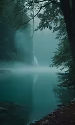 fog hovering over the water and on the bank