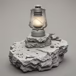 an old lantern with light is on top of a rock