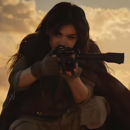 a woman takes a photo of the sun setting behind her