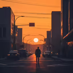 a man walking across a street at sunset
