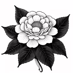 a drawing of a black and white flower,an image of a flower with leaves
