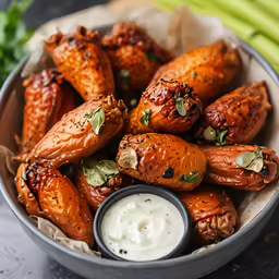 a bowl that has a bunch of wings and some sauce in it