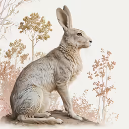 a small white animal with black ears sitting in front of trees