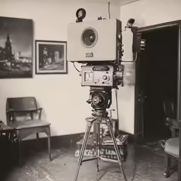 an old photo of a tripod camera sitting in a living room