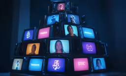 a multi - colored christmas tree of televisions displaying face profiles