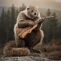 the large bear holds onto a guitar and sits on some rocks