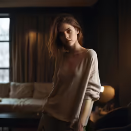 a girl in tan is standing with her hands on her hips