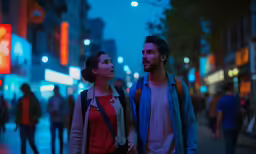 a man and woman walking down the street holding hands