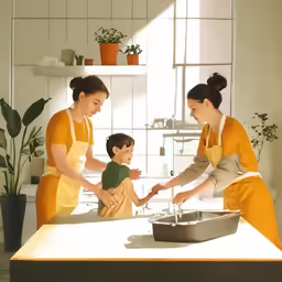 two women are cleaning the kitchen with a young child