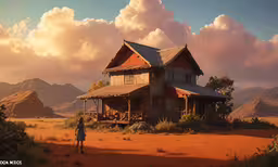 a girl stands in front of a house with mountains behind her,the person is standing in front of a house