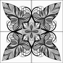 a flower with decorative, abstract patterns,this is a graphic work of an ornamental motif,a black and white pattern with leaves,the intricate flower is drawn in a square - like pattern,a black and white abstract painting with leaves
