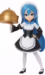 the figurine is holding a tray and wearing an apron