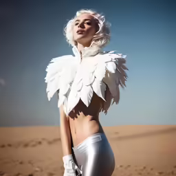 a woman with white feather jacket and gloves on